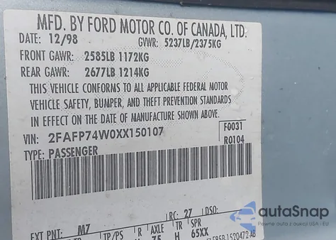 1999 Ford Crown Victoria from USA, damaged, VIN 2FAFP74W0XX150107